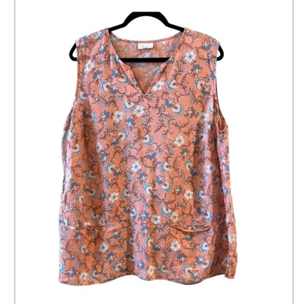 J Jill Love Linen Sleeveless floral print split neckline with pockets top XL